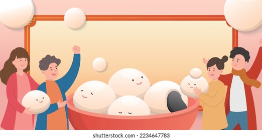 Happy family and friends celebrating Lantern Festival or Winter Solstice, glutinous rice sweet food tangyuan in Asia, poster design with border