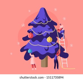 Happy Family or Friends Company Decorating Christmas Tree with Garlands and Balls Standing on Ladder. Festive Preparation for New Year or Xmas Holidays Celebration Cartoon Flat Vector Illustration