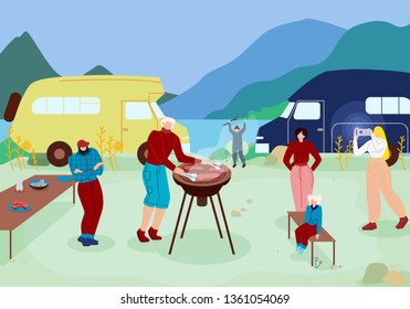 Happy Family and Friends Having Spare Time with Barbeque at Beautiful Nature Place with Lake and Mountains. Men, Women and Kid Came by Buses at Park. Outdoors Leisure. Cartoon Flat Vector Illustration
