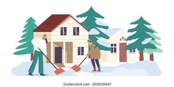 Happy Family Friends or Neighbours Characters Working Outside Cleaning Ground from Snow with Shovels at House Yard. Winter Time Season Activity, People Outdoor Shoveling. Cartoon Vector Illustration