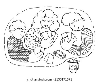 Happy family or friends playing a card game. Doodle style sketch illustration