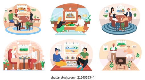 Happy family or friends playing who am I game at home on weekend on theme of Jeju Island in South Korea with showplaces and landmarks. People are playing with board game sitting at table together