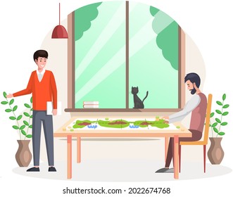 Happy family or friends two men sitting at table and playing strategy logical board game, spending time together at home. Family fun activity. Indoor entertainment for adults and children, break time