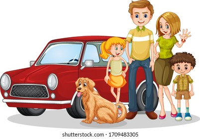 Happy family in front of car illustration