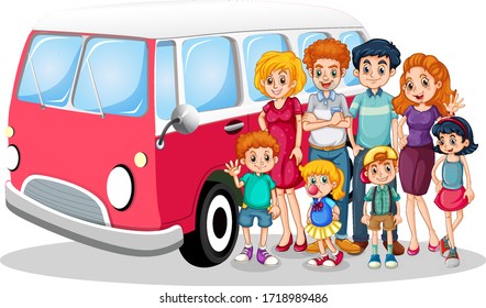 Happy family in front of car illustration