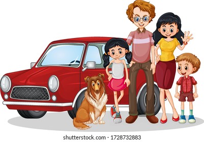 Happy family in front of car illustration