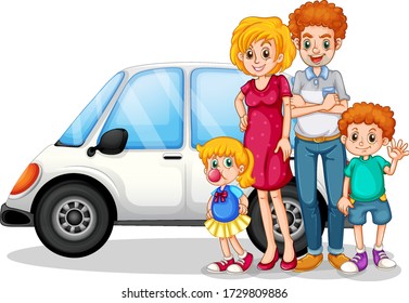 Happy family in front of car illustration