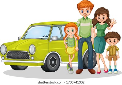 Happy family in front of car illustration