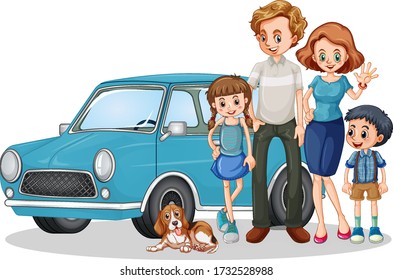 Happy family in front of car illustration