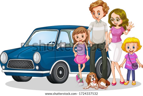 Happy family in front
of car illustration