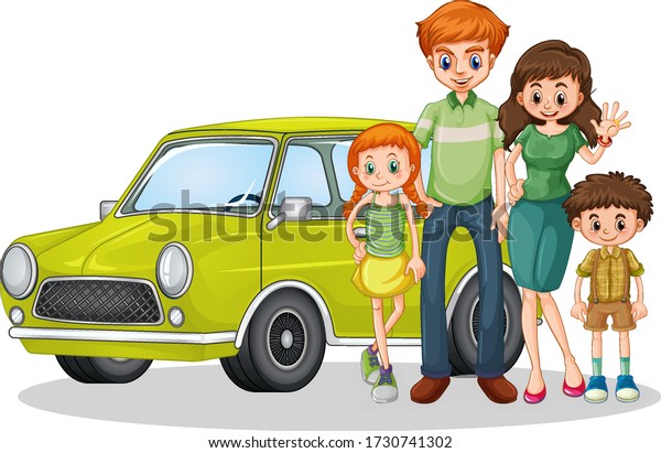 Happy family in front\
of car illustration