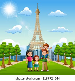 Happy family in front of eiffel tower background