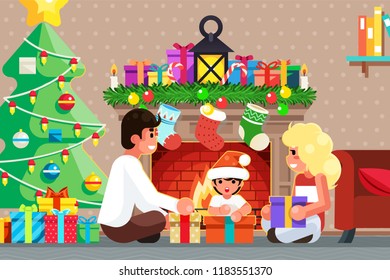 Happy family front of the fireplace opens gifts christmas tree flat room design vector illustration