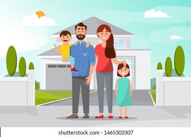 Happy family in front of the home. father mother, daughter and son. Vector illustration in flat style