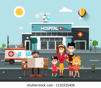 Happy Family In front of Hospital Building with Old Man Reading Newspapers on Bench.  Vector Flat Design Cartoon.