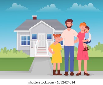 Happy Family in Front of The House Background Cartoon Illustration