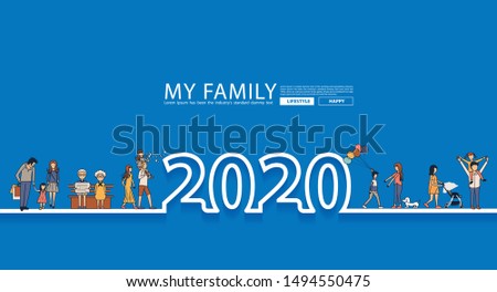 Happy family fun 2020 new year life style idea concept in line text design, Vector illustration modern cover page layout template