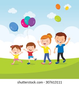 Happy family fun with balloons Vector illustration of a lovely family with balloons running outdoor.