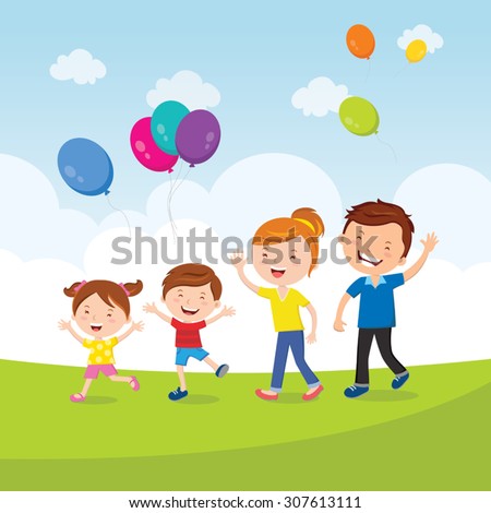 Happy family fun with balloons Vector illustration of a lovely family with balloons running outdoor.