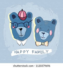 Happy family of funny bears. Father, son, mother. Child illustration clothes template