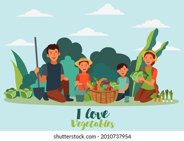 Happy family in garden with a basket full of fresh vegetables: cabbage, pepper, tomato, carrot, corn, broccoli and eggplant in cartoon style