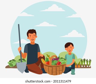 Happy family in garden with a basket full of fresh vegetables: cabbage, pepper, tomato, carrot, corn, broccoli and eggplant in cartoon style