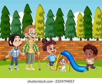 Happy family at the garden illustration
