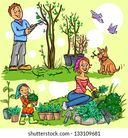 Happy family in garden planting flowers and pruning trees, hand drawn cartoon illustration