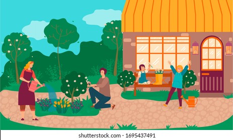Happy family in garden watering flowers and pruning trees cartoon vector illustration of mother, father and daughter near cottage gaderning on nature. Summer family gardeners planting greenery.