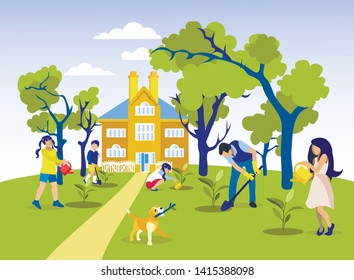 Happy Family Gardening. Cartoon Father Planting Seedling. Mother and Children Watering Trees. Garden in Countryside. Parents and Kids Working near House. Weekend at Cottage. Vector Flat Illustration