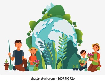 Happy family gardening. Eco friendly ecology concept. Nature conservation vector illustration