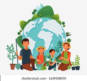 Happy family gardening. Eco friendly ecology concept. Nature conservation vector illustration