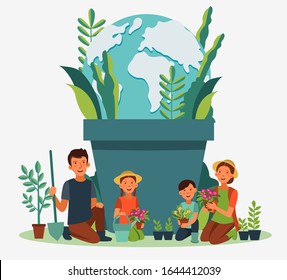 Happy family gardening. Eco friendly ecology concept. Nature conservation vector illustration