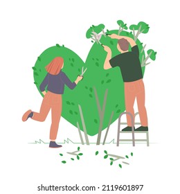 Happy Family Gardening. Flat Characters. Man, Woman Shaping A Bush, Working In The Garden. Landscape Designing. Editable Vector Illustration Isolated On White Background. Modern Style. Graphic Design