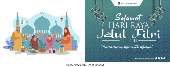 Happy family gathering to celebrate eid mubarak 1445 h illustration. Perfect for eid mubarak template, banner, greeting card and company promotion. Selamat idul fitri 1445 h template. 