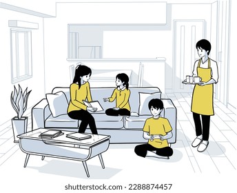 A Happy Family Gathering in the Living Room on a Holiday with Mother and Daughter Reading Books, Brother Playing Games, and Father Serving Drinks