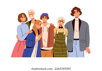 Happy family gathering portrait. United people hugging. Unity, support and love, good relationship concept. Grandparent, mother, teenager. Flat graphic vector illustration isolated on white background