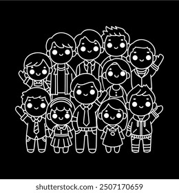 Happy family gathering together with cheerful expressions , cute hand drawn character group, white outlines vector illustration.