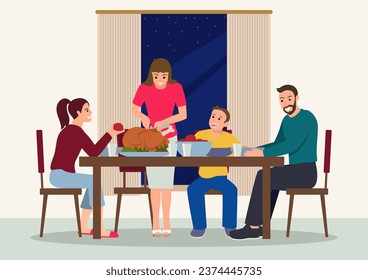 Happy family gathers for a dinner, radiating love and gratitude. Ideal for Thanksgiving-themed content, family promotions, and holiday materials, captures the essence of togetherness and celebration