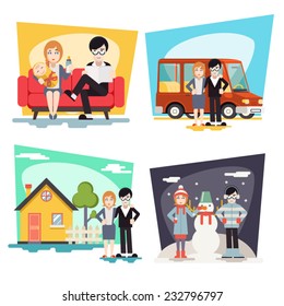 Happy Family Geek Hipster Characters Life Situations Always Love Together Child Couch House Car Winter Holidays Icon Greeting Card Concept Flat Design Vector Illustration