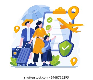 A Happy Family Gets Travel Insurance Coverage. Travel Insurance Concept Illustration