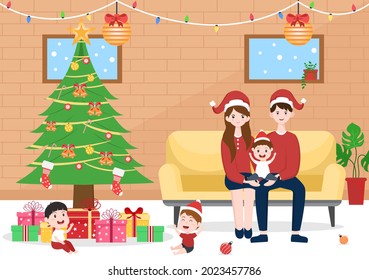 Happy Family is Getting Together On Christmas There Are Mothers, Fathers, Children In Living Room The Decoration Tree And Gift. Background Vector Illustration