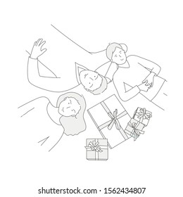 Happy family with gifts. Line drawing vector illustration.