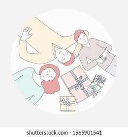 Happy family with gifts in a round hole. Hand drawn vector illustration.