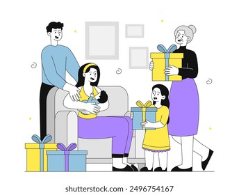 Happy family with gifts. Several generations with gift boxes. Grandmother, grandfather, father and wife with newborn. People celebrating Christmas or New Year. Linear vector illustration