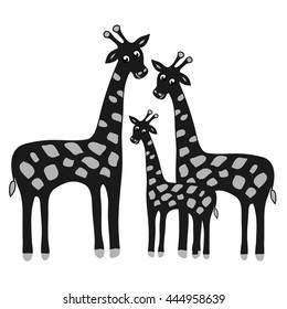 Happy family giraffe. Cute giraffes family illustration. Jungle animals with tropical plants print. Happy family concept - father, mother, baby. 