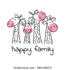 Happy family. Giraffe mother, father and kids. Cartoon cute giraffe family