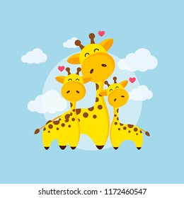 Happy family of giraffes. Giraffe mom, dad and baby. Vector illustration.