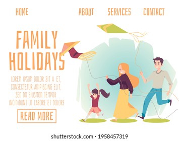 Happy family with girl kid having fun with flying kite. Outdoor activities in city park for parents and child at leisure during summer holidays. Vector illustration, design for web