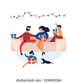 Happy family giving each other Christmas gifts sitting at home on couch. Smiling mom dad son and daughter with dog celebrating Christmas at home. Vector illustration in cartoon flat style